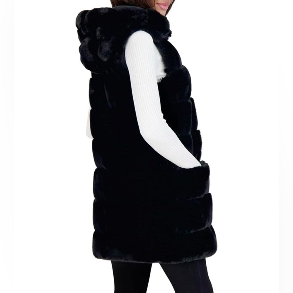 Via Spiga NWT Black Faux Fur Long Hooded Vest - Picture 3 of 9
